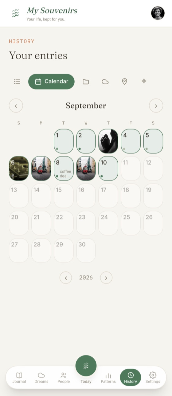 The calendar view with photo thumbnails and mood dots