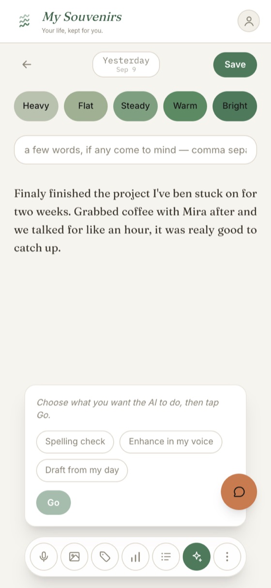 Writing an entry: mood pills, tags, and the AI options panel