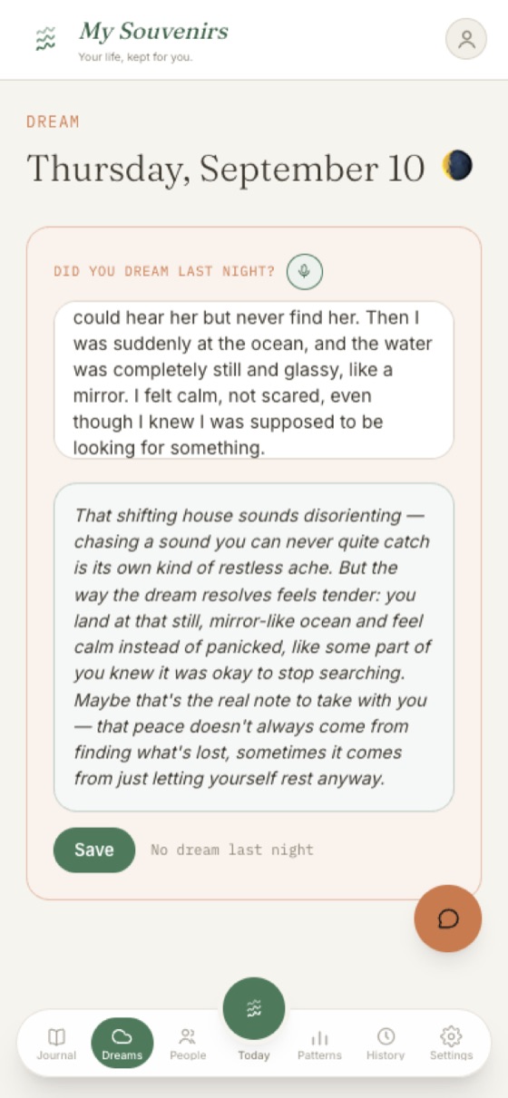A dream entry with a reflective AI interpretation below it