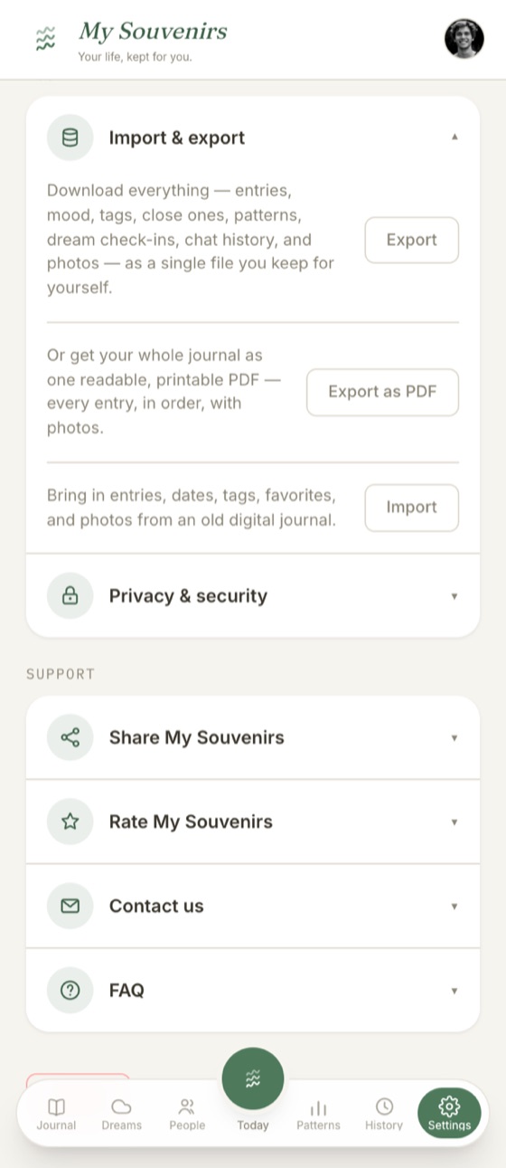Import and export options in Settings