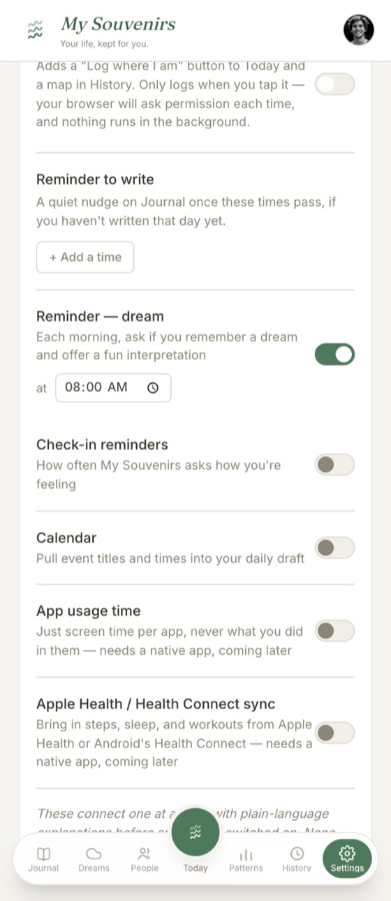 Integration toggles: calendar, app usage, health
