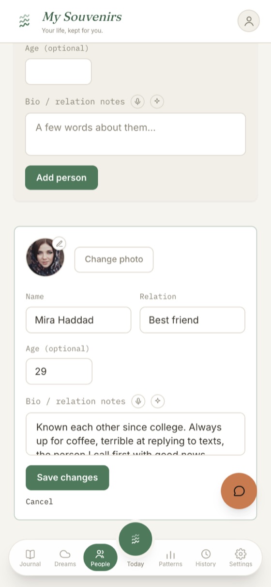 A close-one's profile with photo, relationship, and notes