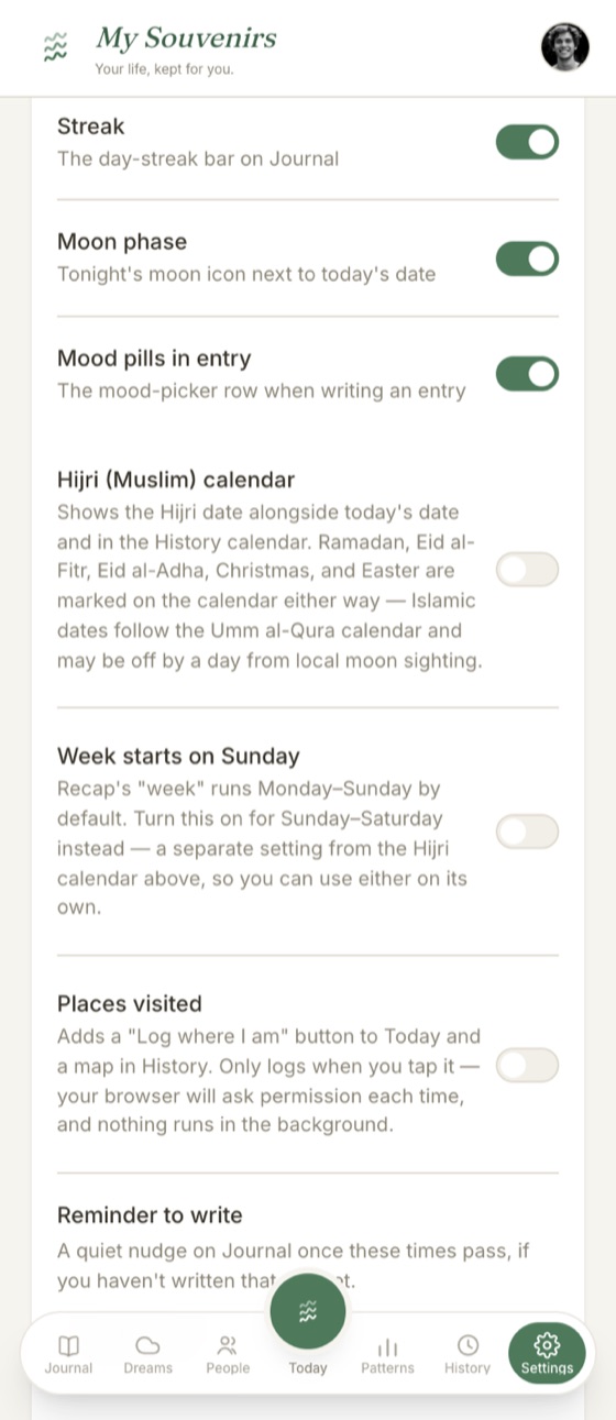 Preferences: display, calendar, and reminders