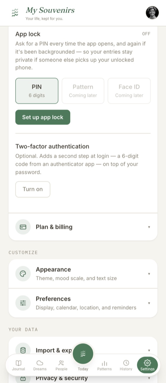 Security settings: app lock and two-factor authentication